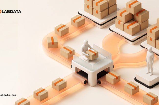 Ilustración de cajas que se ordenan solas por caminos naranjas mientras una persona revisa una de ellas en un punto de control