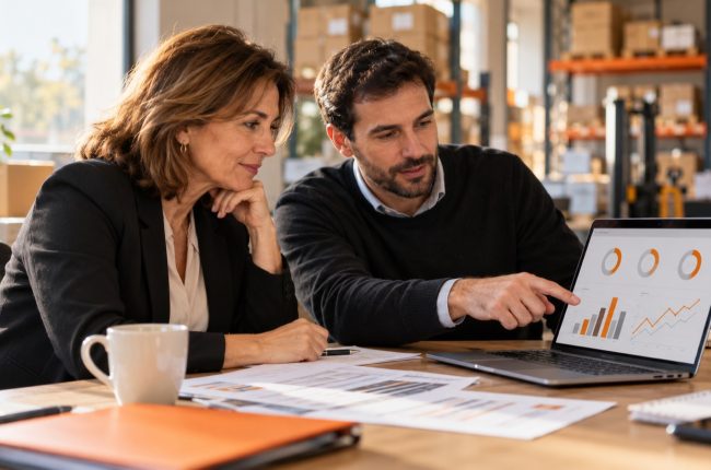 Gerente de una pyme y responsable de ventas revisando su primer dashboard de Power BI