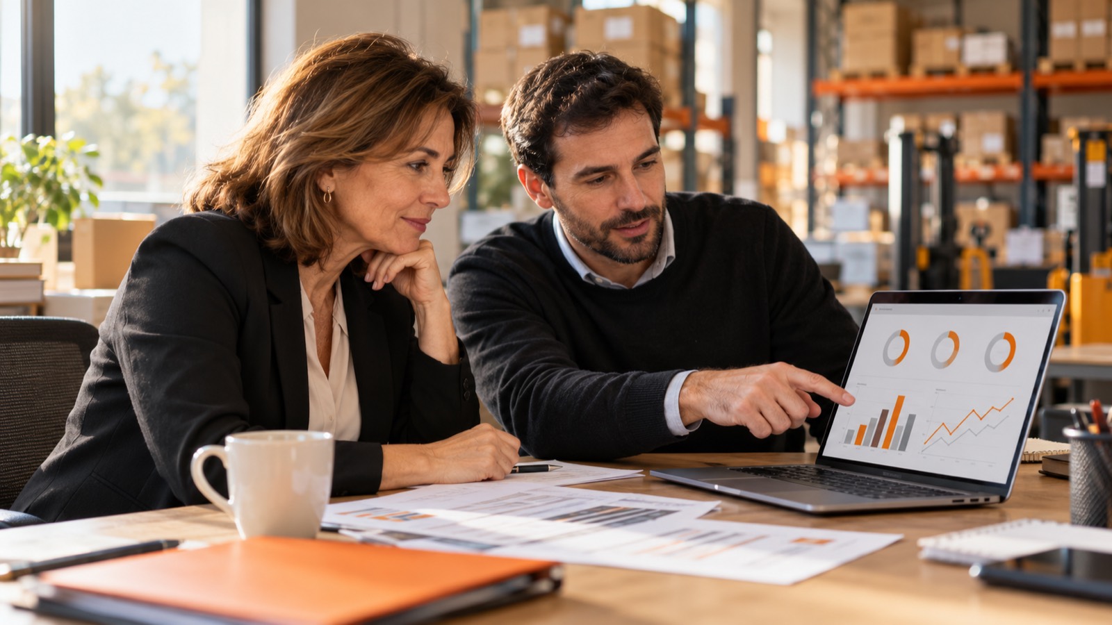 Gerente de una pyme y responsable de ventas revisando su primer dashboard de Power BI